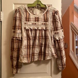 Brown Plaid open back embroidered top- American Eagle